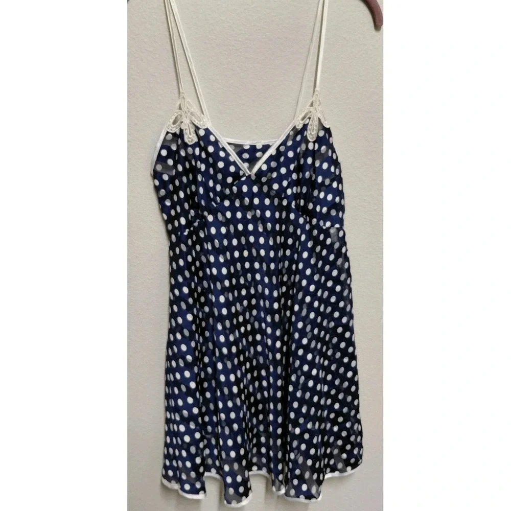 Josie by Natori Vtg Navy White Polka Dot Chiffon Lace Applique Babydoll Cami L